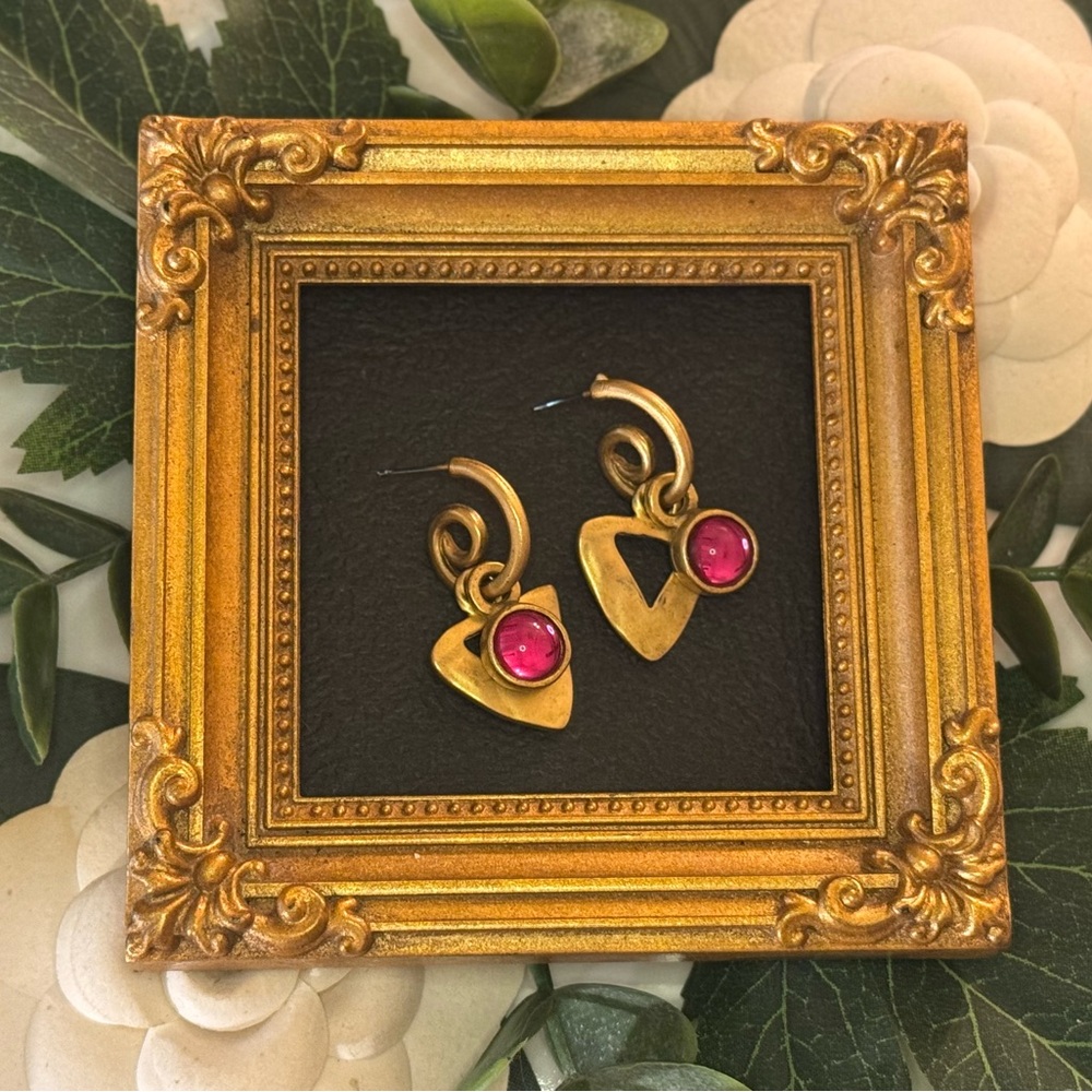VTG French Gold Swirl Pink Cabochon Hoop Earrings - Picture 6 of 8